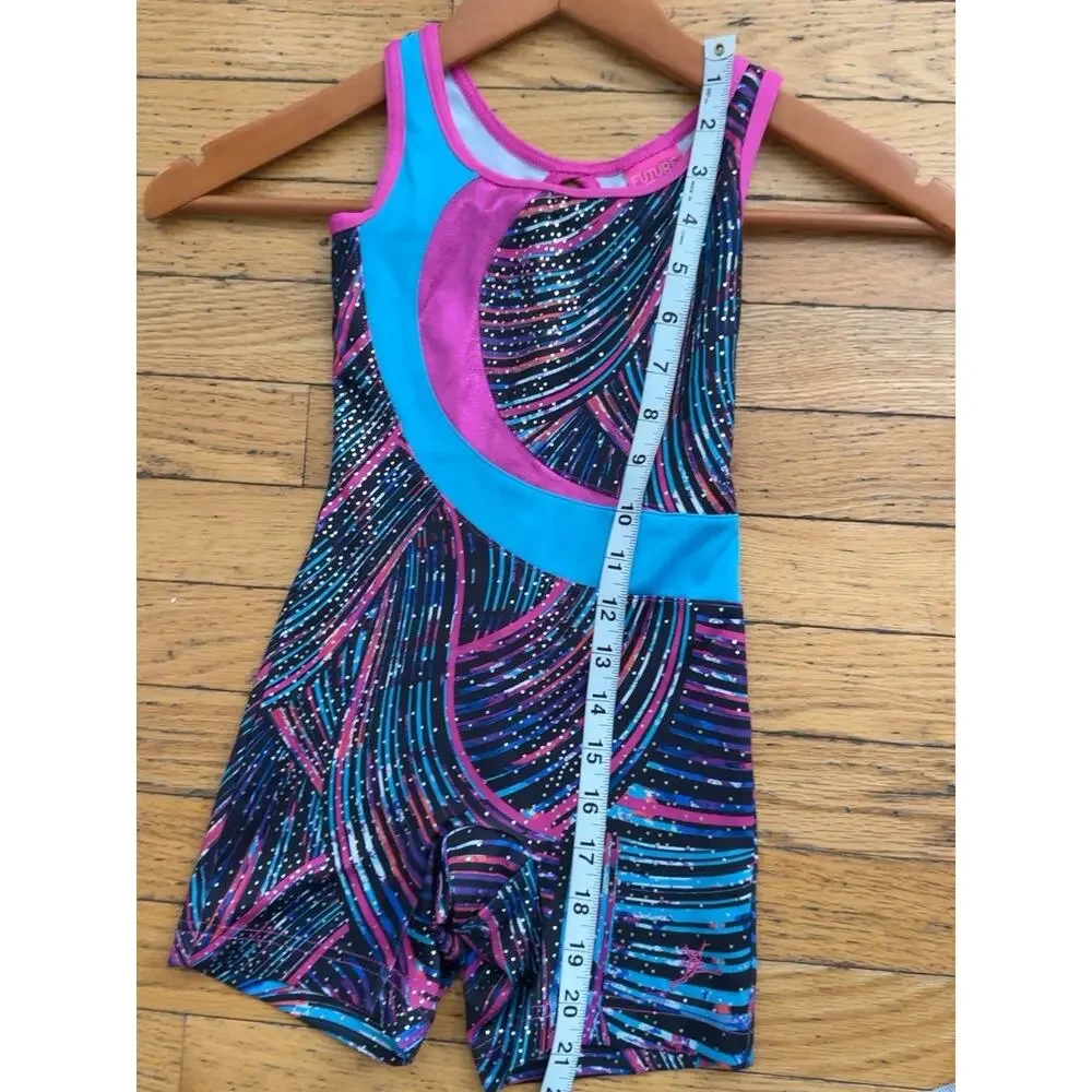 Capezio Future Star Girls XS Gymnastics Biketard Leotard Sparkle Pink Blue